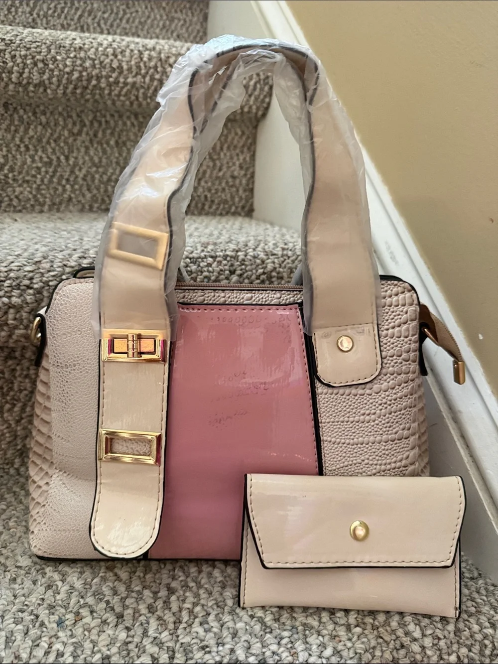 Beige & Pink Structured Satchel with Matching Wallet